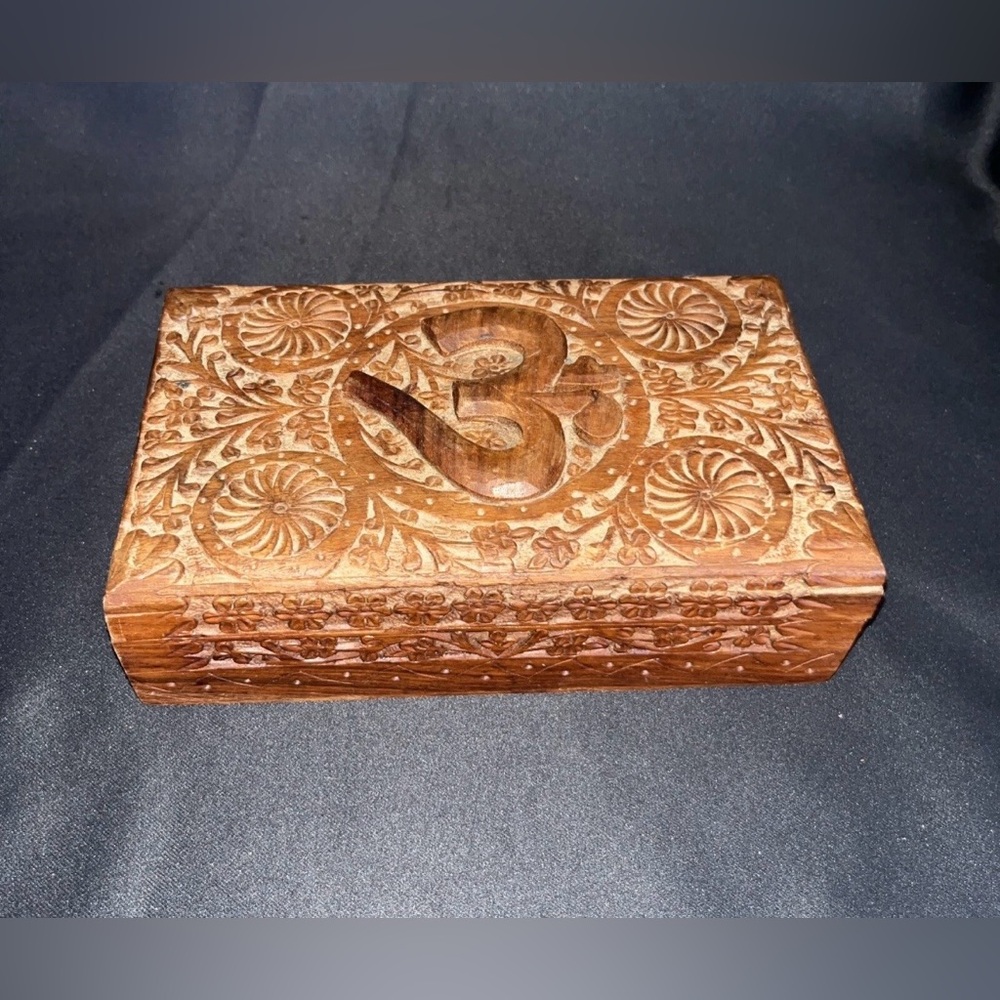 Carved Om Wooden Storage Box, Velvet Lined.